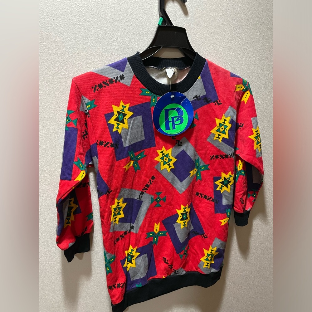 VTG pretty please Sweater Womens L red Black Colorful